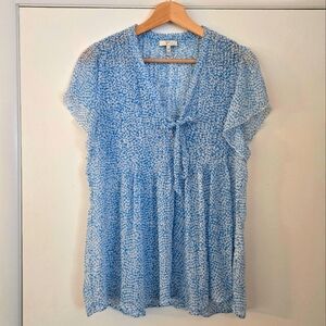 Joie 100% Silk Blue And White Tie Neck Short Sleeve Flutter Top
